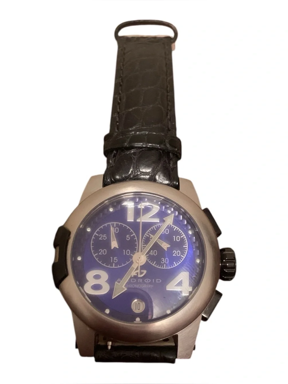 ANDROID Men’s Black Leather Strap Chronograph Watch with Blue Purple Dial